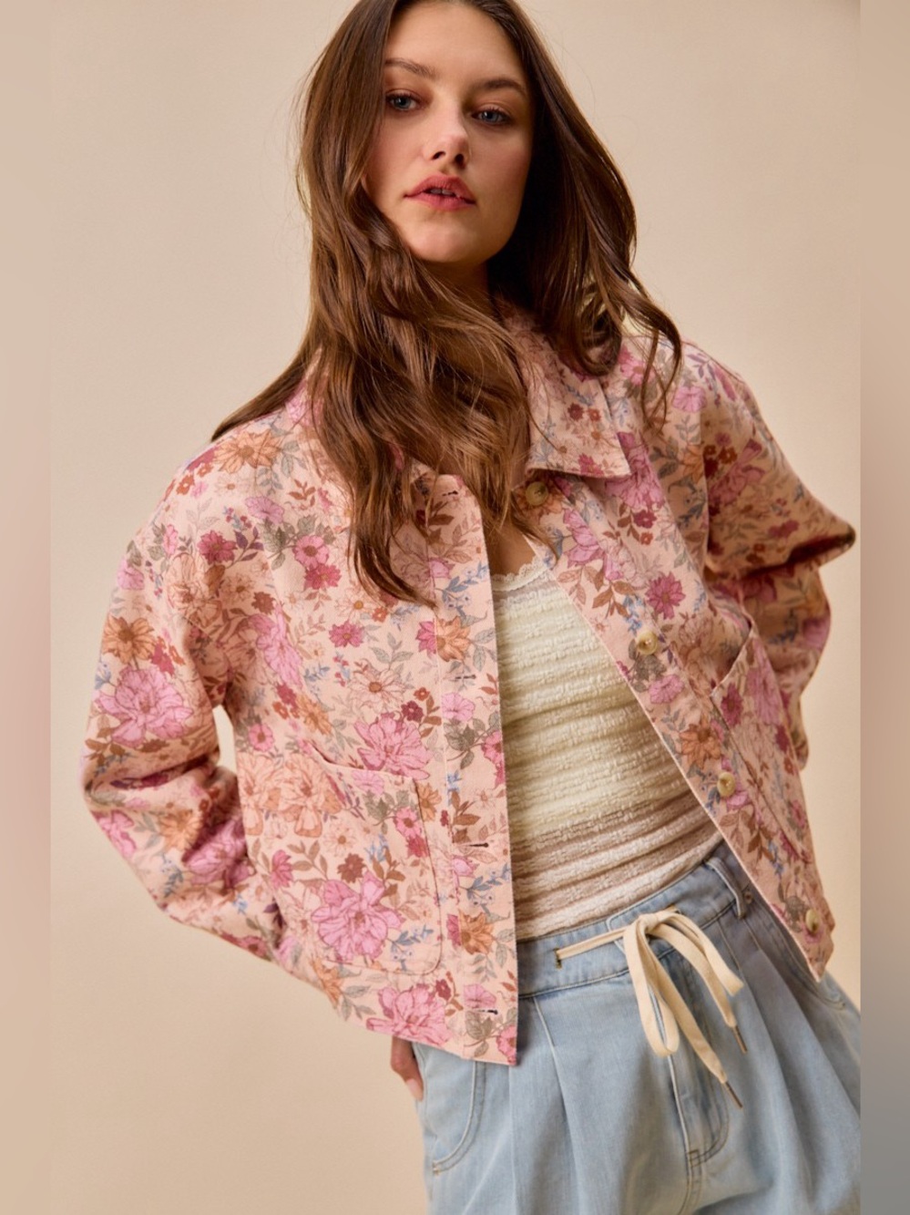 SO ME Floral Print Cotton Twill Button Down Barn Jacket - Picture 3 of 8